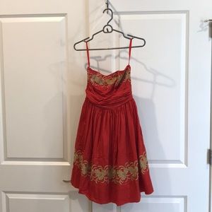 Anthropologie strapless red dress, embroidered